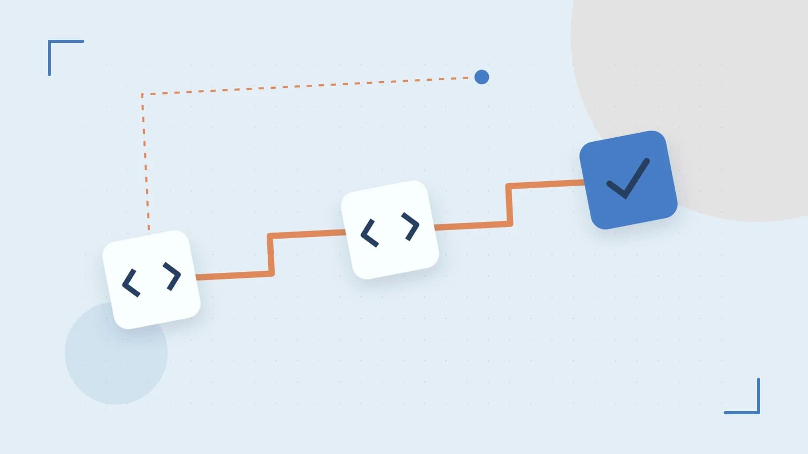 Editorial illustration of a branching build pipeline, staged transformations and a completed check
