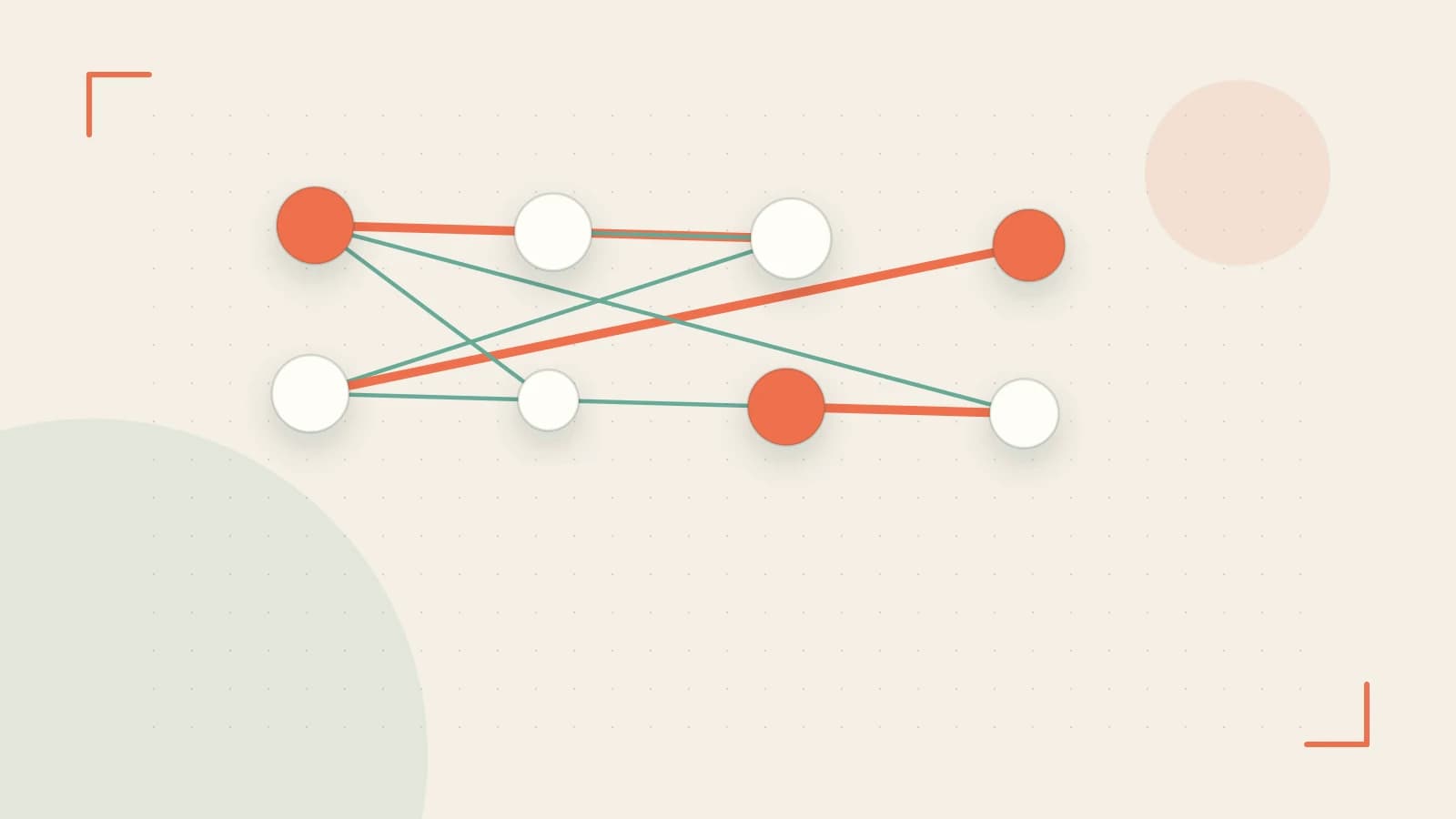 Editorial illustration of an algorithmic node graph with branching paths and a highlighted result