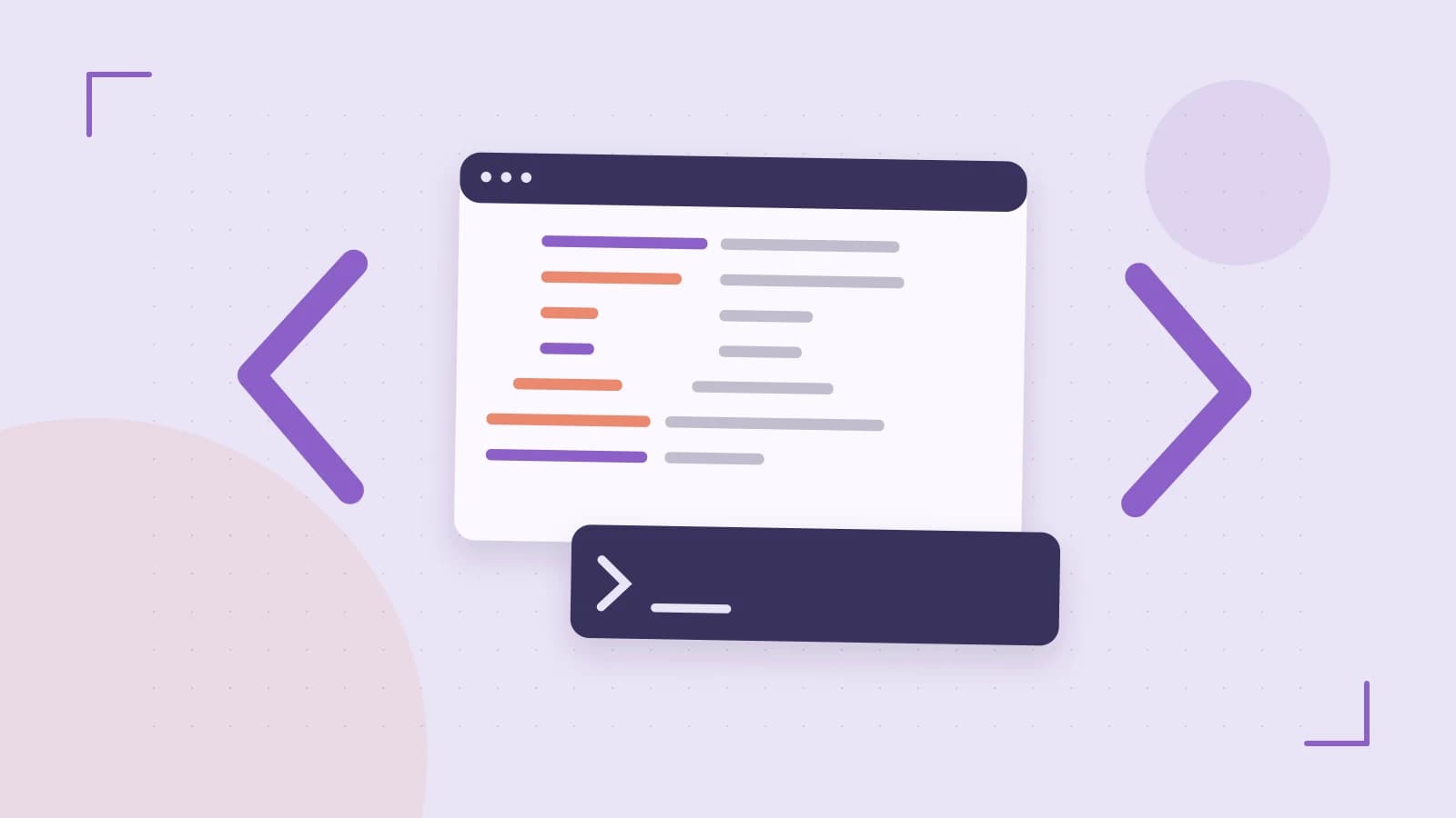 Editorial illustration of an abstract code editor, syntax blocks and oversized programming brackets