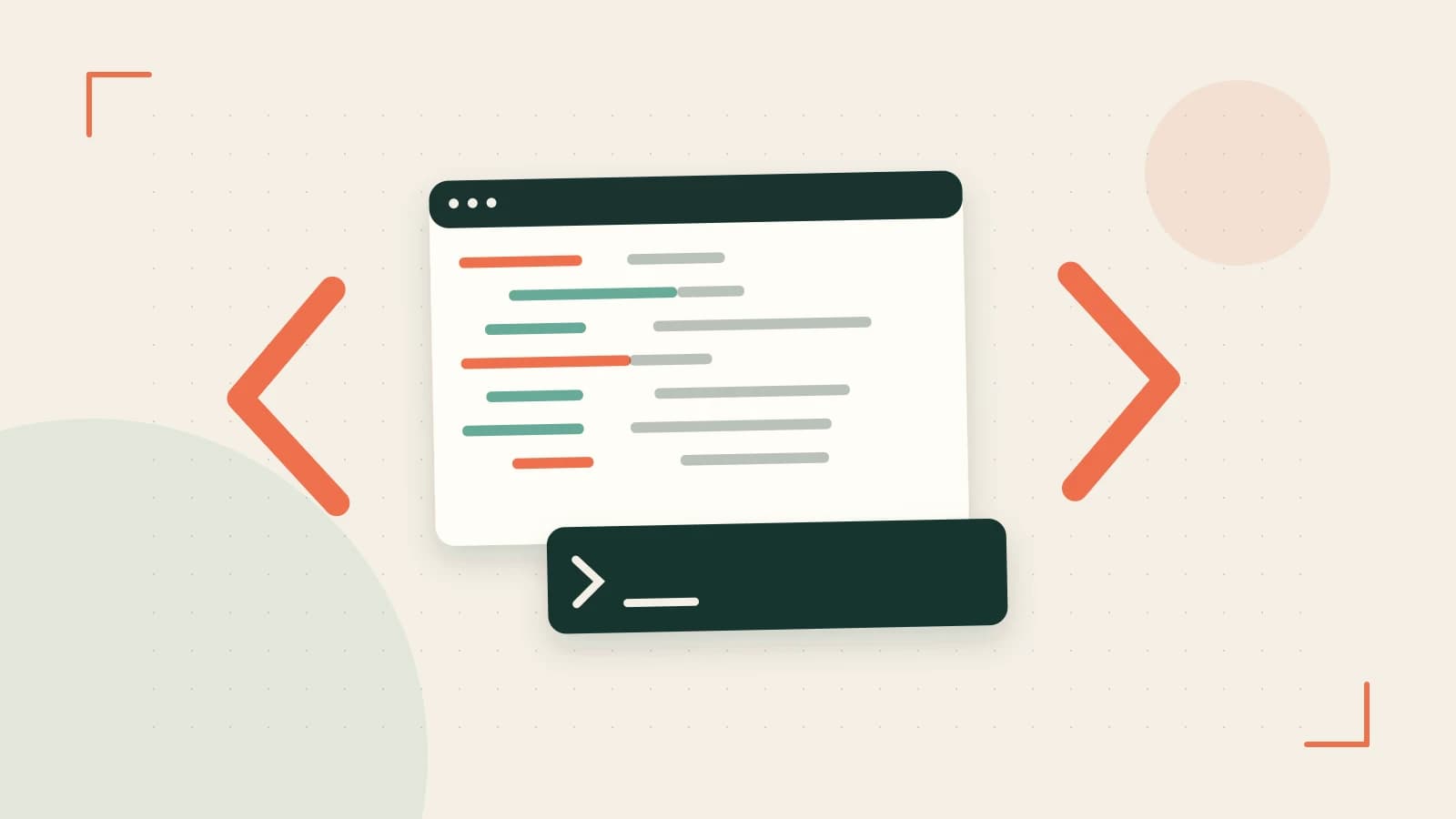 Editorial illustration of an abstract code editor, syntax blocks and oversized programming brackets