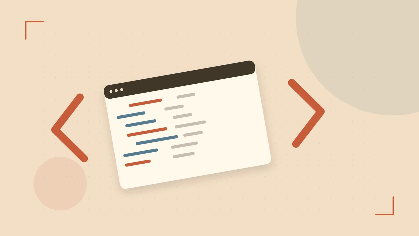 Editorial illustration of an abstract code editor, syntax blocks and oversized programming brackets