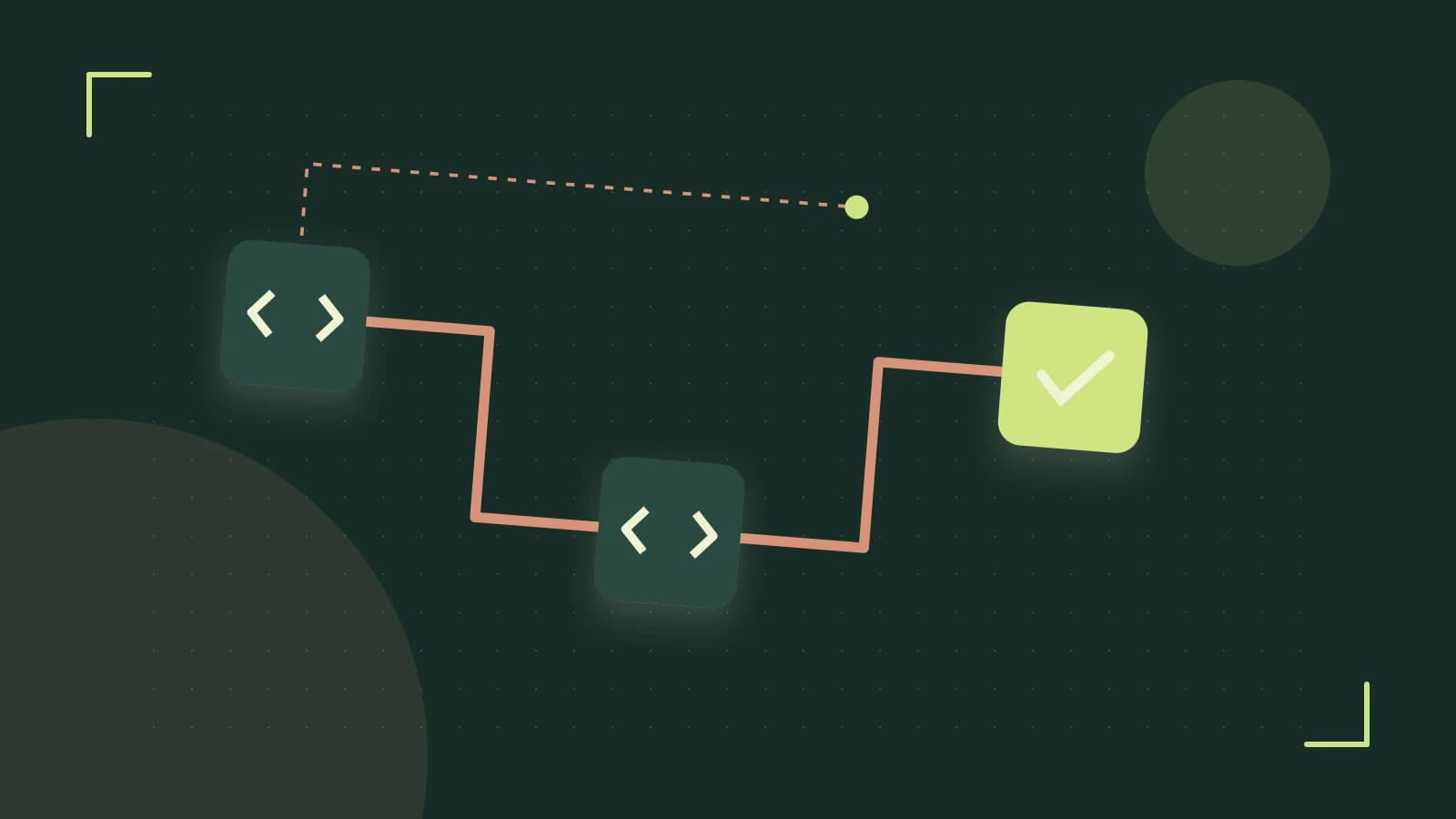 Editorial illustration of a branching build pipeline, staged transformations and a completed check