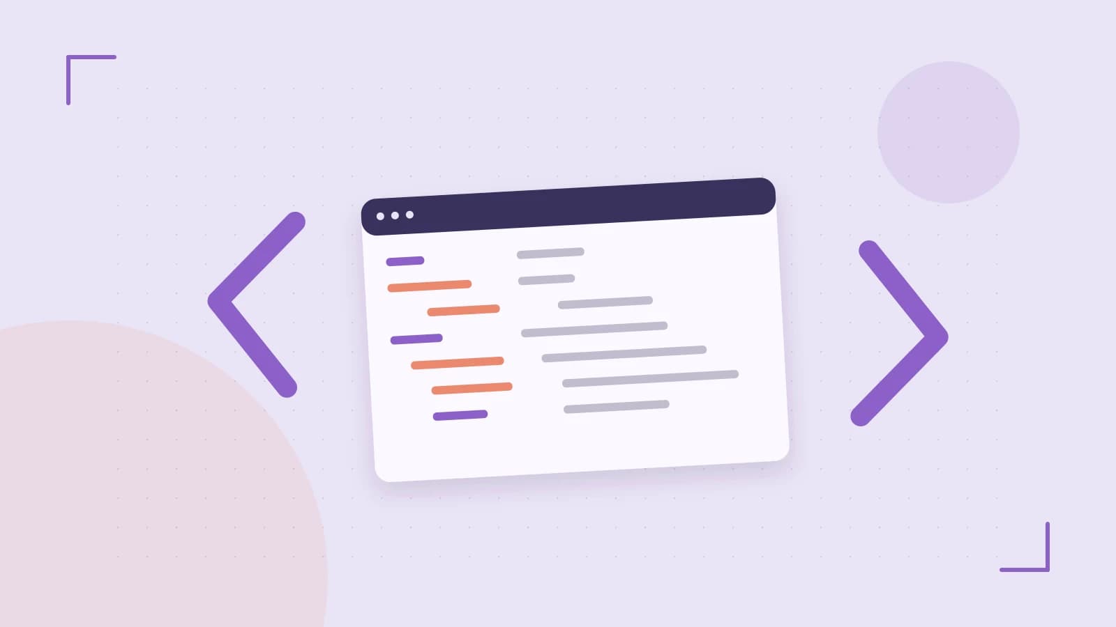 Editorial illustration of an abstract code editor, syntax blocks and oversized programming brackets