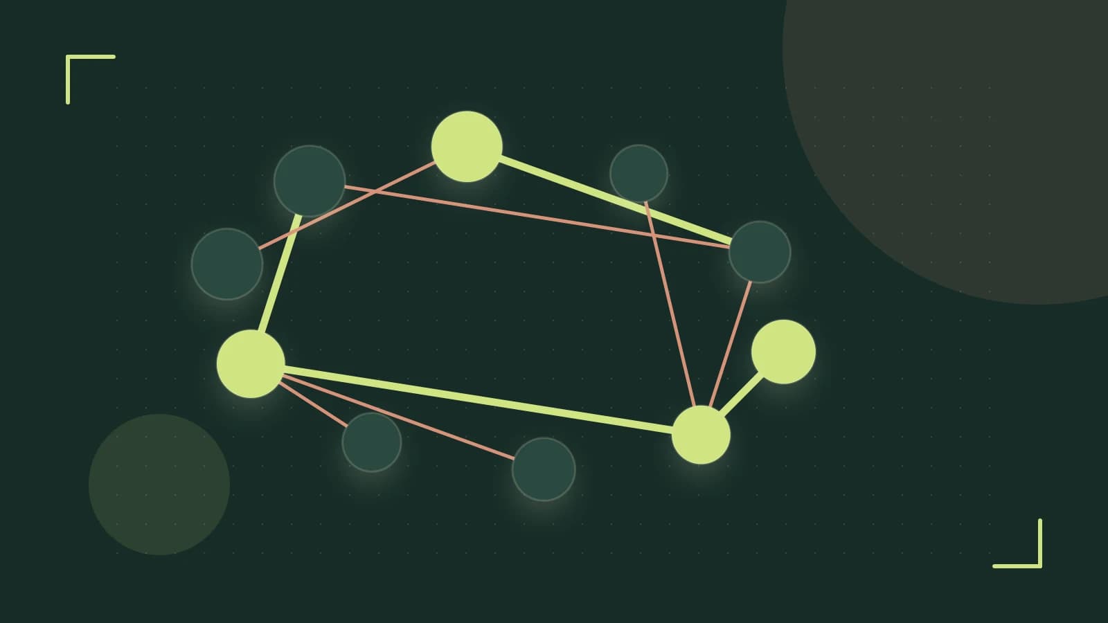 Editorial illustration of an algorithmic node graph with branching paths and a highlighted result