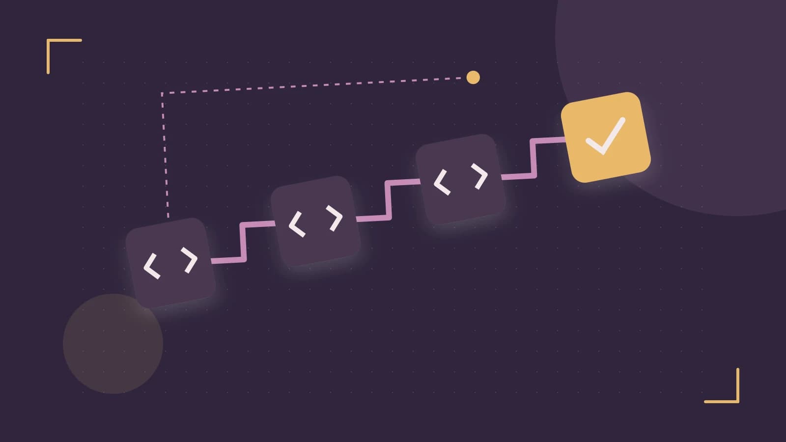 Editorial illustration of a branching build pipeline, staged transformations and a completed check