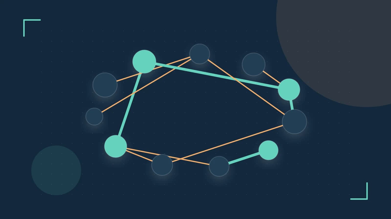 Editorial illustration of an algorithmic node graph with branching paths and a highlighted result
