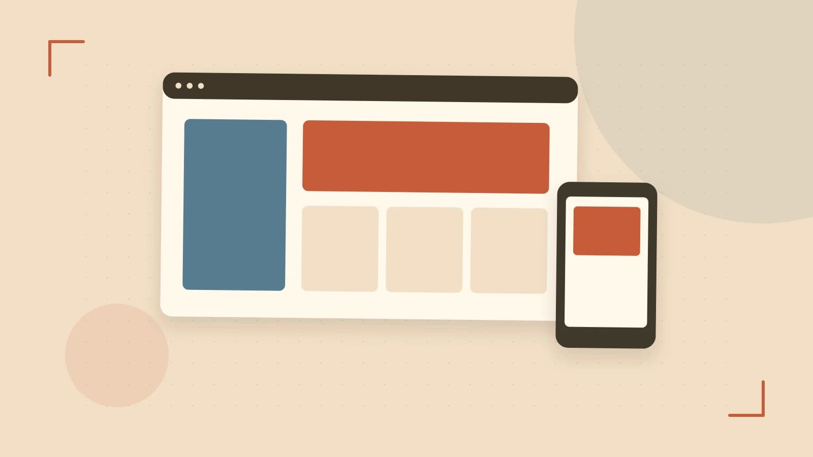 Editorial illustration of responsive browser layouts, overlapping design components and a color system