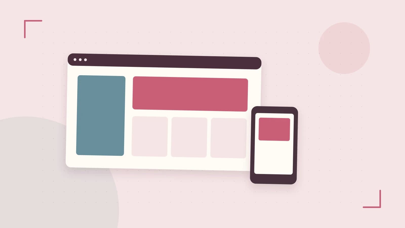 Editorial illustration of responsive browser layouts, overlapping design components and a color system