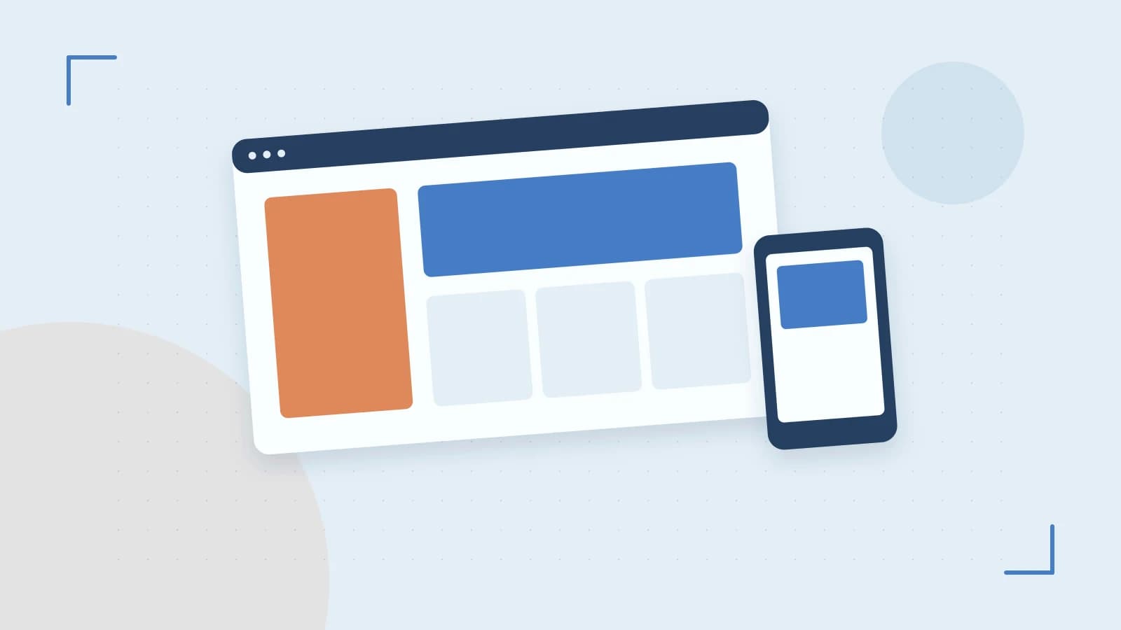 Editorial illustration of responsive browser layouts, overlapping design components and a color system