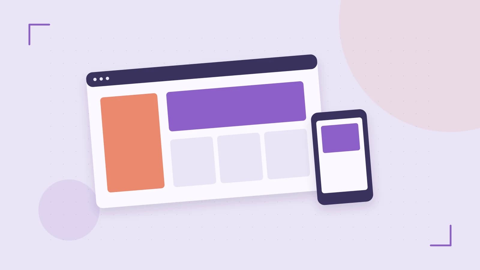 Editorial illustration of responsive browser layouts, overlapping design components and a color system