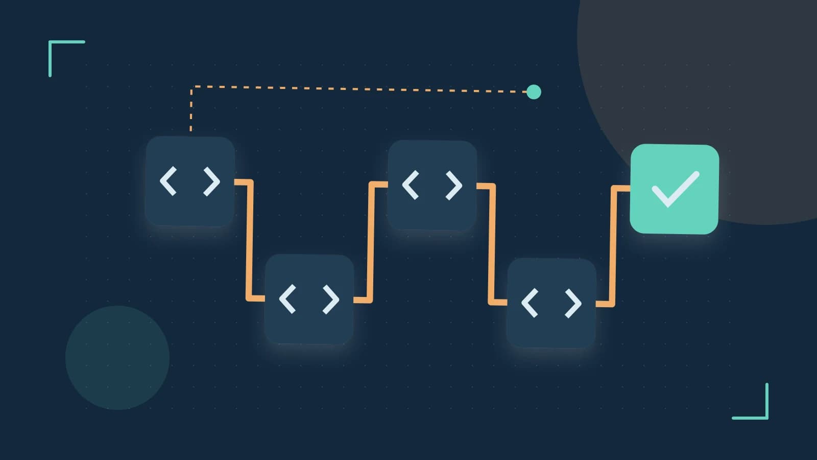 Editorial illustration of a branching build pipeline, staged transformations and a completed check