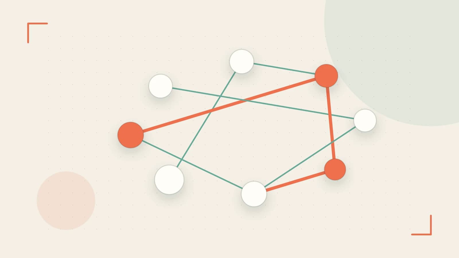 Editorial illustration of an algorithmic node graph with branching paths and a highlighted result