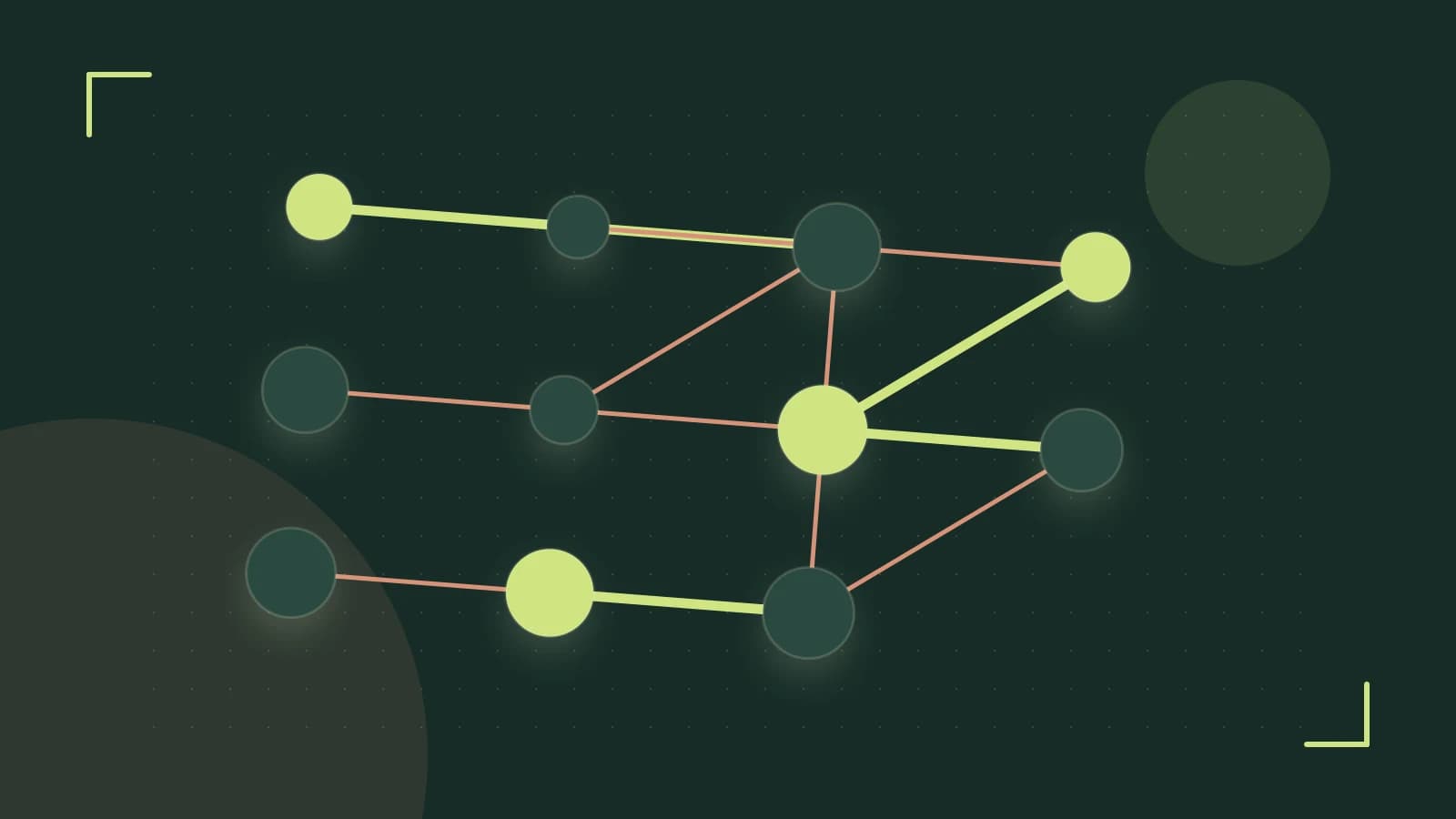 Editorial illustration of an algorithmic node graph with branching paths and a highlighted result