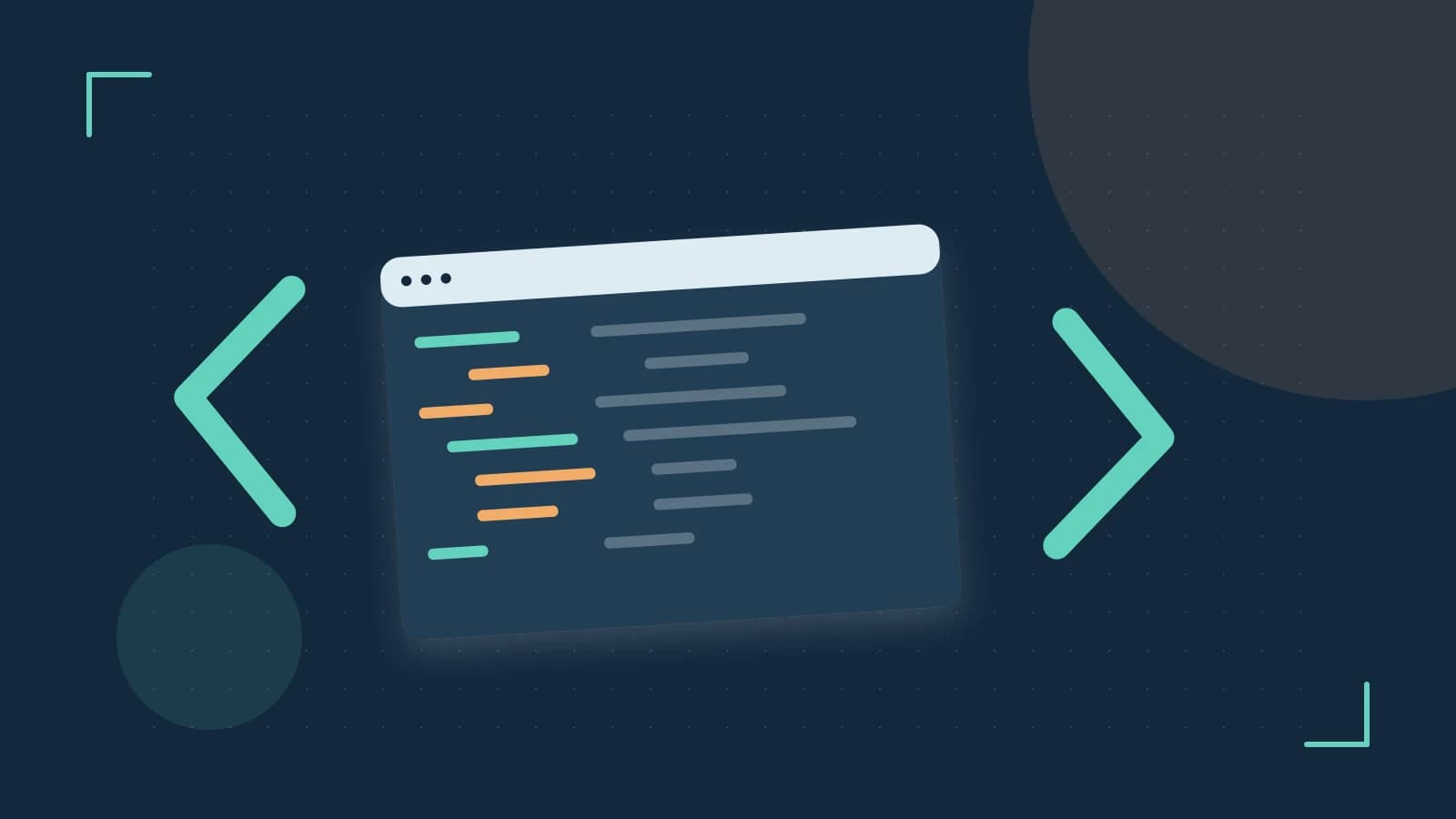 Editorial illustration of an abstract code editor, syntax blocks and oversized programming brackets