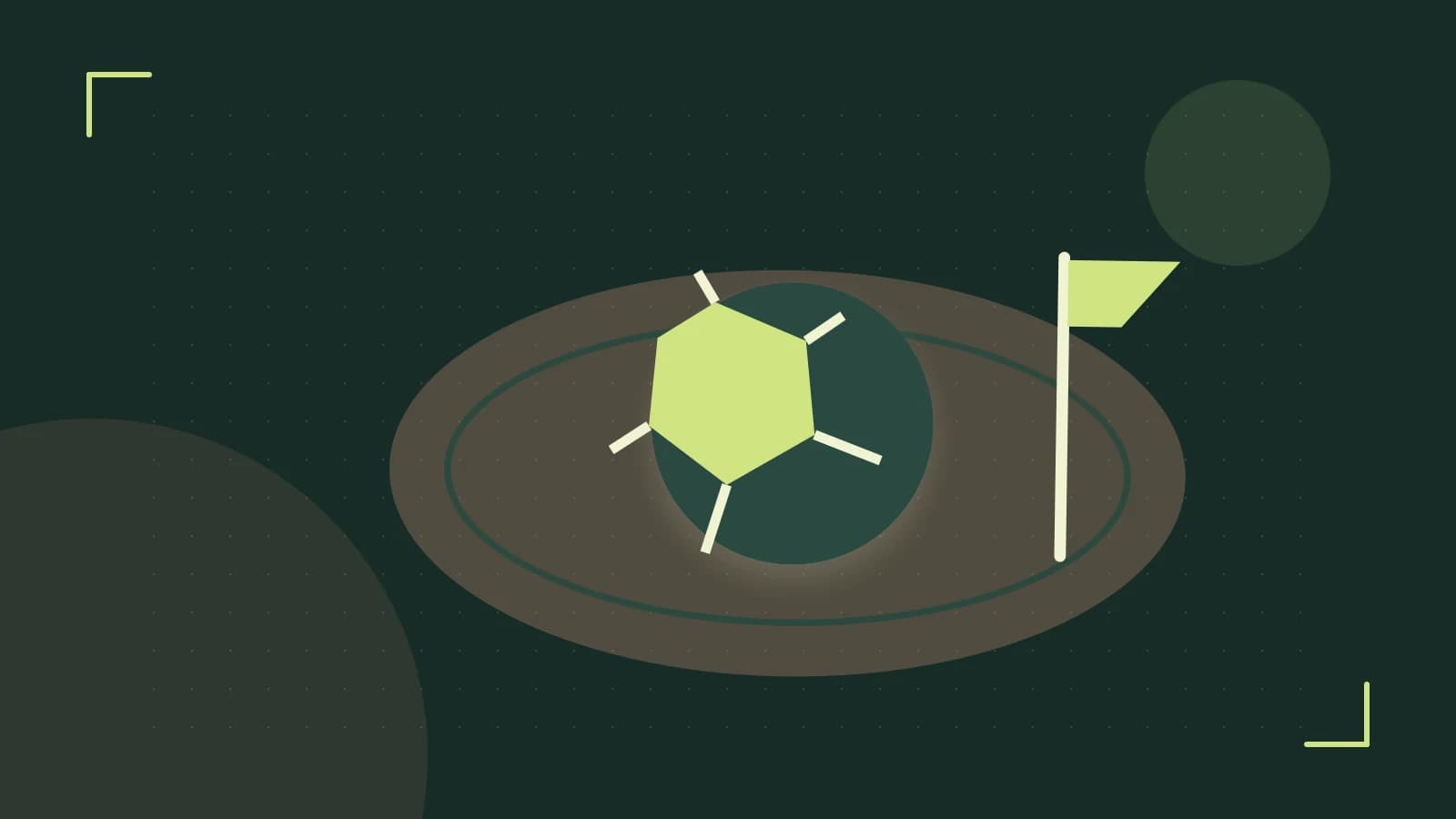 Editorial illustration of a stylized sports ball, stadium geometry and dynamic arcs