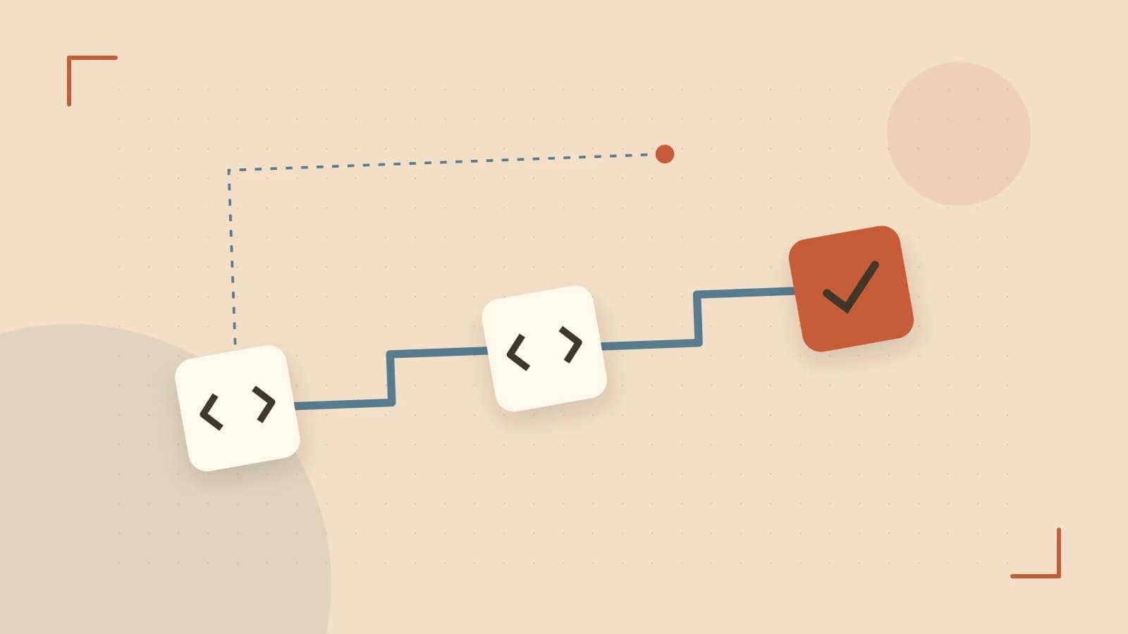 Editorial illustration of a branching build pipeline, staged transformations and a completed check